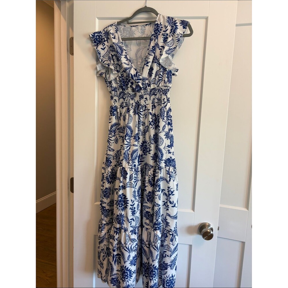 Blue and White Floral Maxi Dress with Ruffle Detail